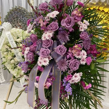 Merced Floral - Big stand up purple theme floral spray - Florists Near Me - Merced, California