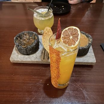 Mucho Loco Mexican Cantina - La Breva and Papacito drinks with chips and salsa and beans - Desserts Near Me - Las Vegas, Nevada