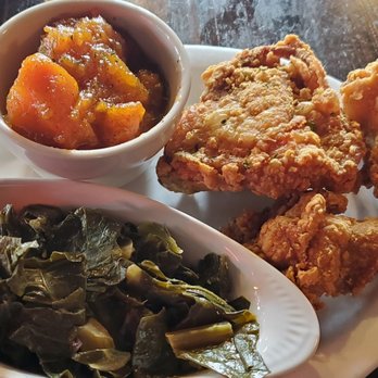 Morrow's - Fried chicken (dark meat), collard greens, and yams. - Cajun/Creole Near Me - New Orleans, Louisiana Morrow's - Fried chicken (dark meat), collard greens, and yams. - Cajun/Creole Near Me - New Orleans, Louisiana