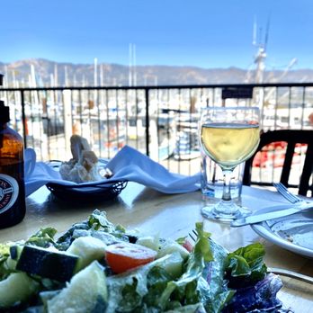 Brophy Bros - Salad and wine with a view of the dock - Seafood Near Me - Santa Barbara, California Brophy Bros - Salad and wine with a view of the dock - Seafood Near Me - Santa Barbara, California
