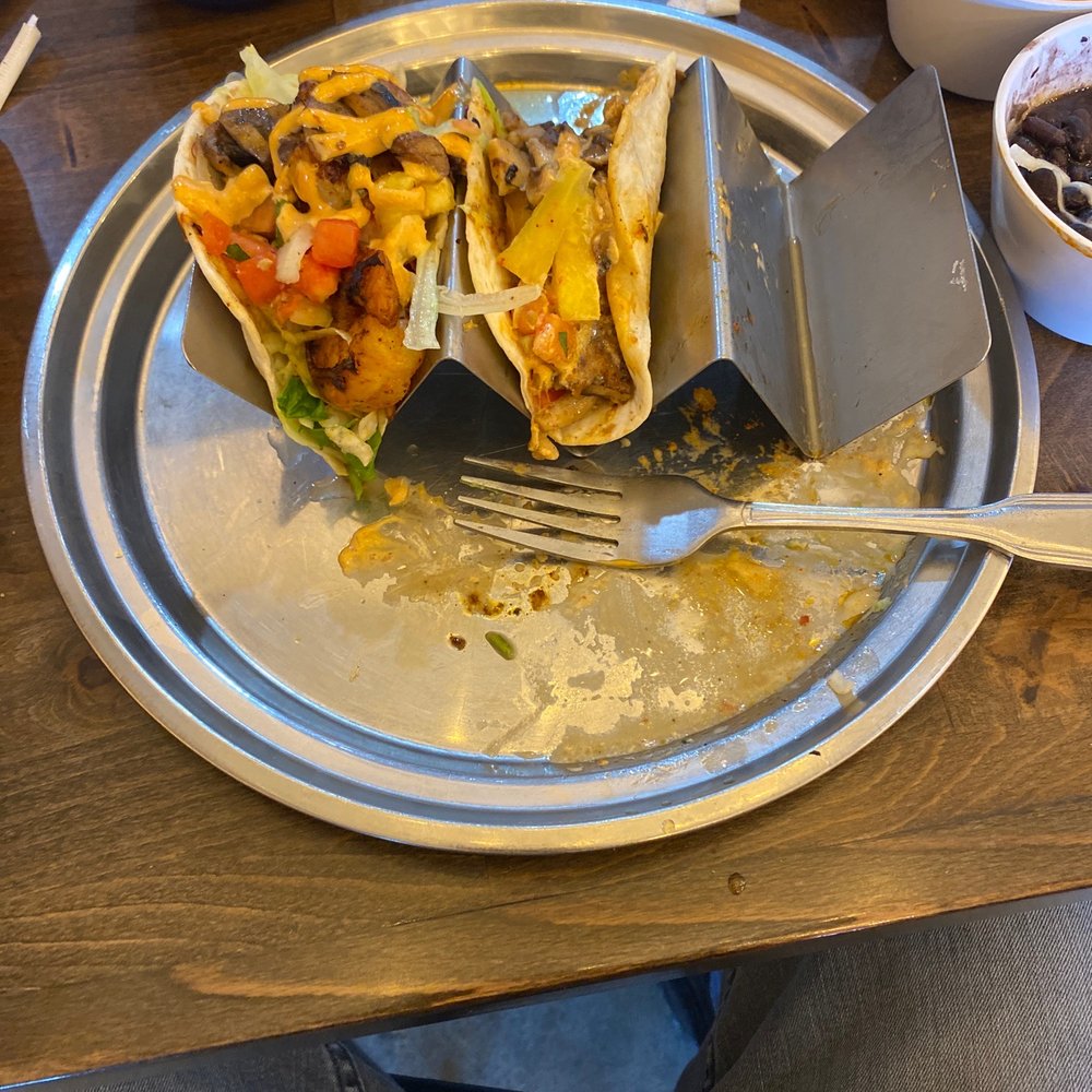 Mezcalito - Shrimp tacos, I subbed the chorizo for mushrooms. Sorry I ate one already LOL! - Mexican Near Me - Henderson, North Carolina