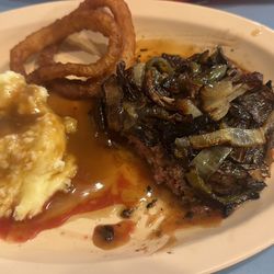 The Lighthouse Grill - Hamburger steak with onions and peppers and mash potatoes