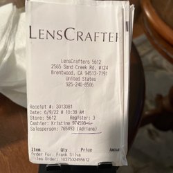 LensCrafters - My Receipt fir excellent service and eyewear product!