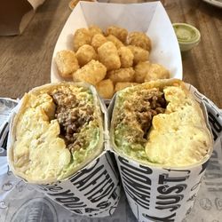 Nobles Eats - Breakfast burrito with tater tots on the side