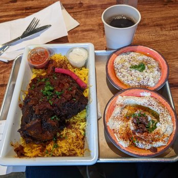 Mazra - Lamb shank with hummus and babaganoush. Lamb shank was dry in many parts and had no flavor. - Middle Eastern Near Me - San Bruno, California Mazra - Lamb shank with hummus and babaganoush. Lamb shank was dry in many parts and had no flavor. - Middle Eastern Near Me - San Bruno, California