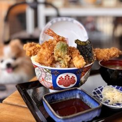Edomae Tendon: Anago (conger eel), shrimp, squid, seaweed, shishito, rice, ontama ($26.50) // 3 Stars, served barely warm