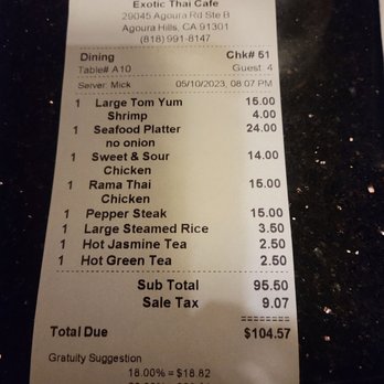 Exotic Thai Cafe - Bill for 4 - Thai Near Me - Agoura Hills, California Exotic Thai Cafe - Bill for 4 - Thai Near Me - Agoura Hills, California