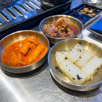 Yangmani - Banchan: rice cake & fish cake, marinaded beef, and acorn jelly - Korean Near Me - Rowland Heights, California Yangmani - Banchan: rice cake & fish cake, marinaded beef, and acorn jelly - Korean Near Me - Rowland Heights, California