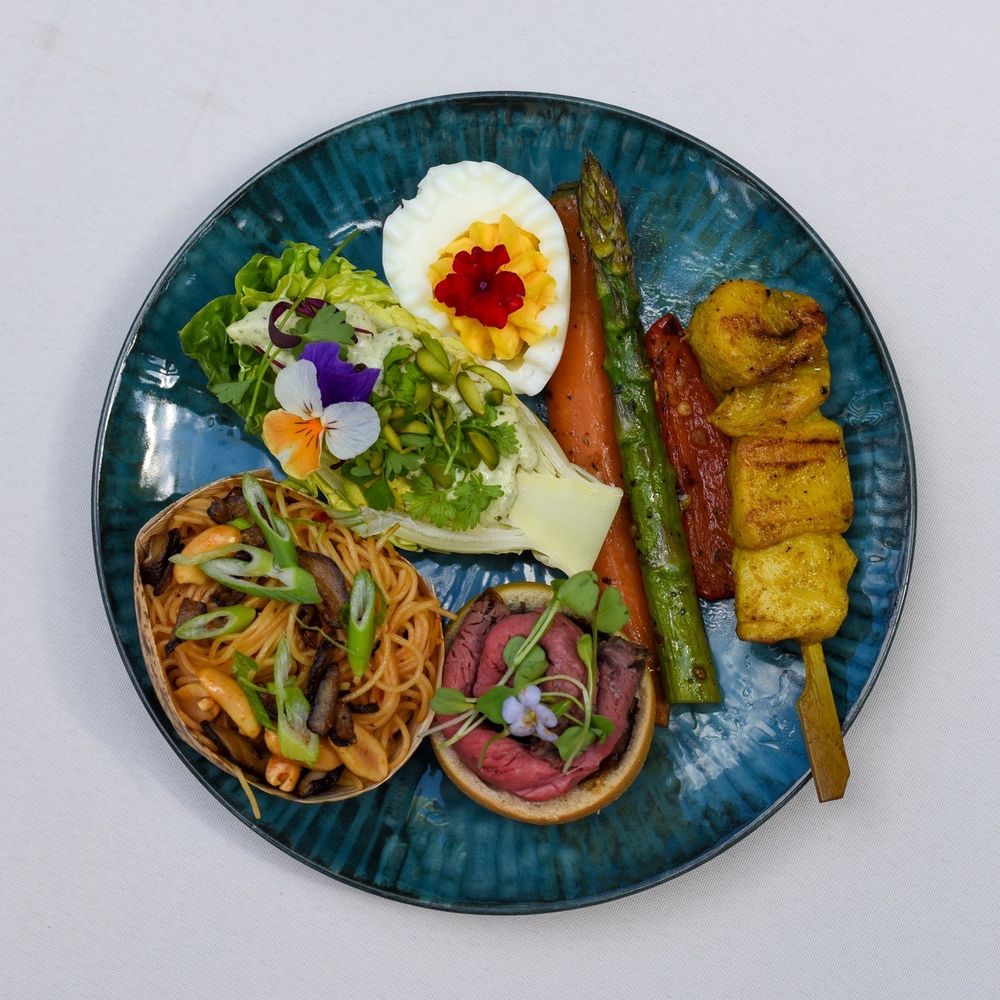 Greenwoods Catering - Baby gem salad, chicken sate, deviled egg, filet slider, Asian noodle salad and grilled veg. - Caterers Near Me - Concord, California