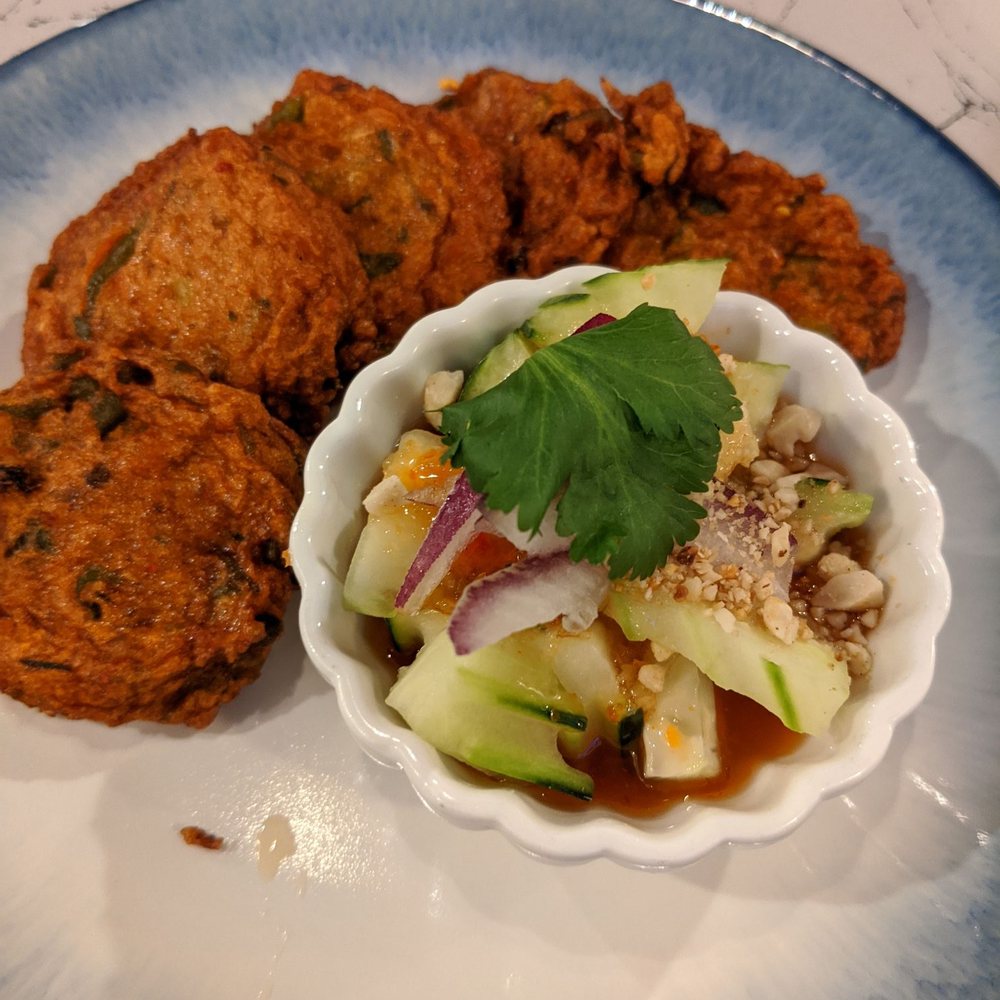 Thai Cafe - Fried Curry Fish Cakes with Cucumber Salad - Thai Near Me - Temple, Texas Thai Cafe - Fried Curry Fish Cakes with Cucumber Salad - Thai Near Me - Temple, Texas