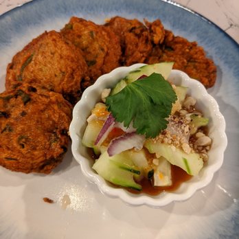 Thai Cafe - Fried Curry Fish Cakes with Cucumber Salad - Thai Near Me - Temple, Texas Thai Cafe - Fried Curry Fish Cakes with Cucumber Salad - Thai Near Me - Temple, Texas