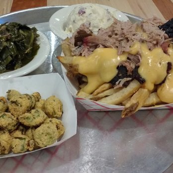 City Barbeque - Okra, collards, potato salad, and pulled pork cheese fries. - Barbeque Near Me - Durham, North Carolina City Barbeque - Okra, collards, potato salad, and pulled pork cheese fries. - Barbeque Near Me - Durham, North Carolina