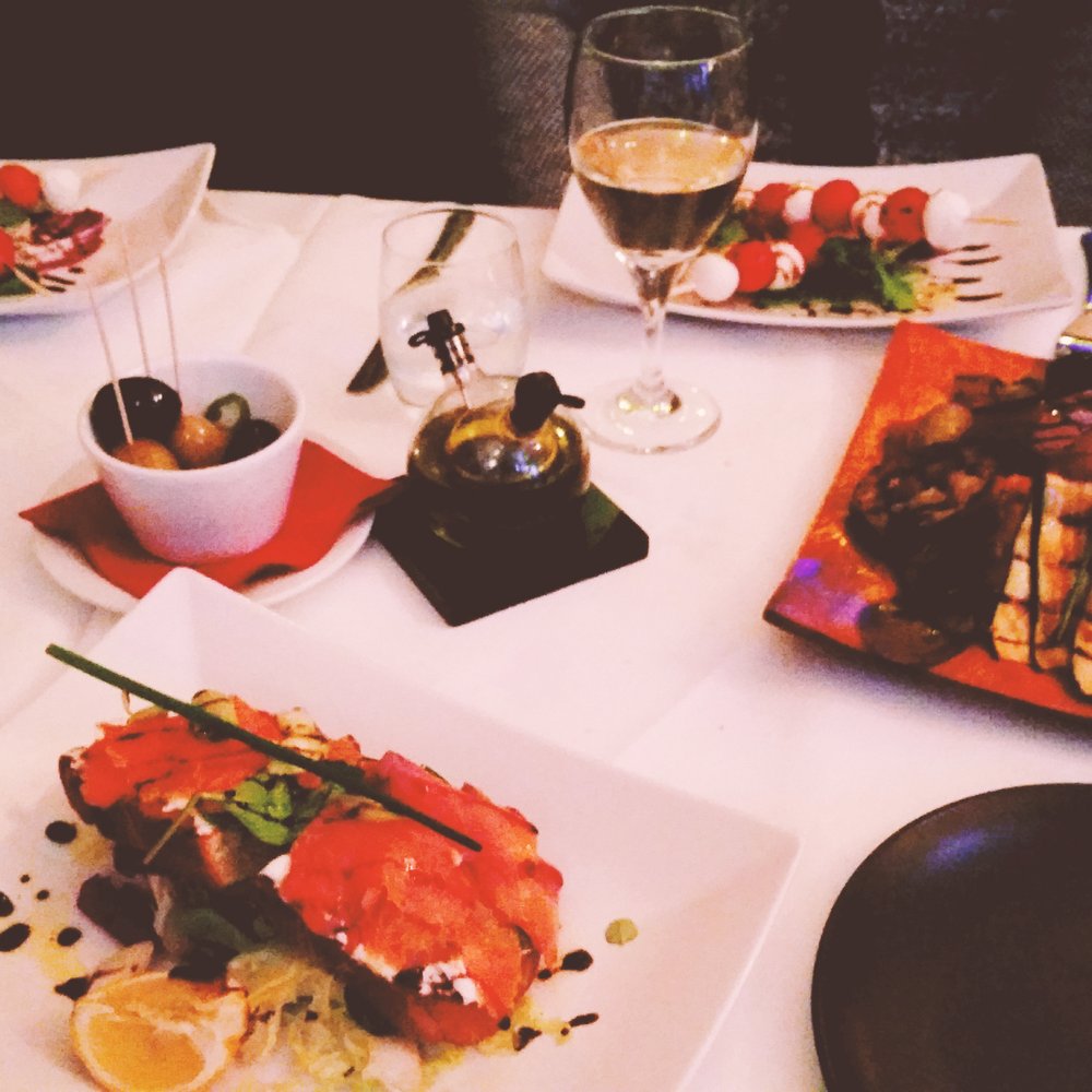 Starters - caprese spiedini, antipasto tarantino and mascarpone and salmon bruschetta