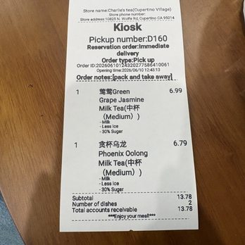 Charlie's Tea - receipt - Bubble Tea Near Me - Cupertino, California Charlie's Tea - receipt - Bubble Tea Near Me - Cupertino, California
