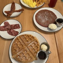 Belgian Waffle, Red Velvet Pancakes, Turkey Bacon, Bacon. And 2 Egg Any Style platter Belgian Waffle, Red Velvet Pancakes, Turkey Bacon, Bacon. And 2 Egg Any Style platter