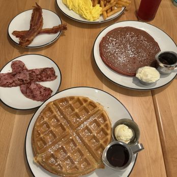 Toast - Belgian Waffle, Red Velvet Pancakes, Turkey Bacon, Bacon. And 2 Egg Any Style platter - Breakfast & Brunch Near Me - Asbury Park, New Jersey Toast - Belgian Waffle, Red Velvet Pancakes, Turkey Bacon, Bacon. And 2 Egg Any Style platter - Breakfast & Brunch Near Me - Asbury Park, New Jersey