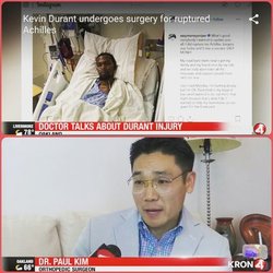 Paul H Kim, MD - Dr. Paul Kim featured on KRON4 news discussing Kevin Durant's Achilles injury in Game 5 of the NBA Playoffs.