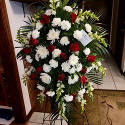 Abundant Flowers And Gifts - Red and white easel spray