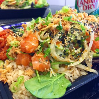 Poke Time - Medium: 3 salmon + 1 spicy tuna, half brown rice/half salad - Poke Near Me - Buena Park, California Poke Time - Medium: 3 salmon + 1 spicy tuna, half brown rice/half salad - Poke Near Me - Buena Park, California