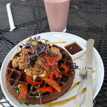 Bastion - Chicken and waffles and big pink smoothie - New American Near Me - Portland, Oregon