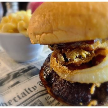 Mt. Pleasant Grille - a burger with onion rings - American Near Me - Mount Pleasant, Tennessee
