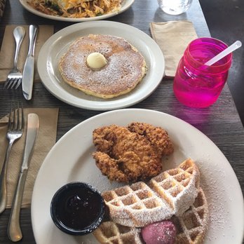 The Pan - From back to front: loaded hash browns, blueberry pancakes, and chicken and waffles - Pizza Near Me - Gardena, California The Pan - From back to front: loaded hash browns, blueberry pancakes, and chicken and waffles - Pizza Near Me - Gardena, California