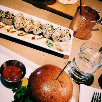 Earls Kitchen + Bar - Bacon cheeseburger, swordfish tacos with fries, dynamite roll and $5 strawberry mule - New American Near Me - Boston, Massachusetts Earls Kitchen + Bar - Bacon cheeseburger, swordfish tacos with fries, dynamite roll and $5 strawberry mule - New American Near Me - Boston, Massachusetts