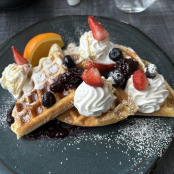The Bankhead - Waffle with Chantilly cream, berry compote and maple syrup. - Breakfast & Brunch Near Me - Canmore, Alberta