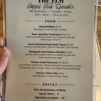 The Elm - Happy Hour Menu - New American Near Me - La Grange, Illinois