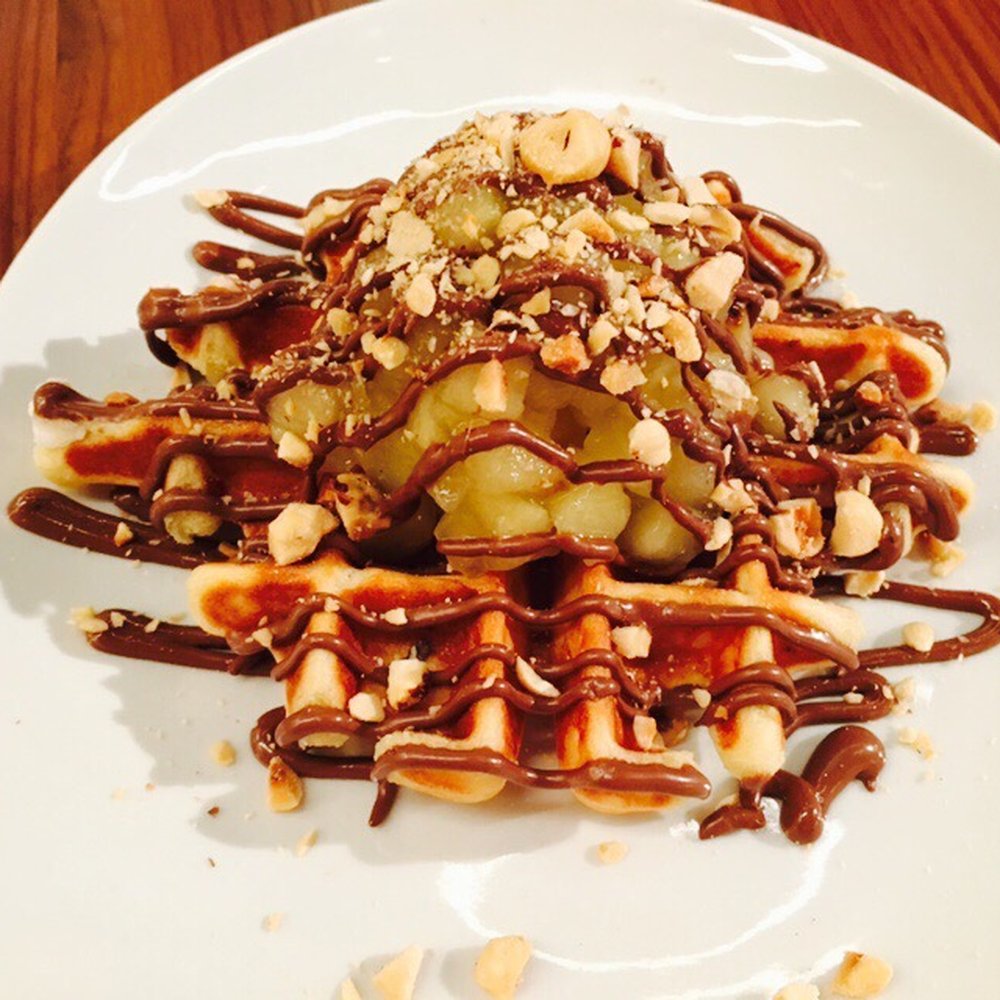 Nutella Cafe - Liege waffle with Apple compote and Nutella on top - Desserts Near Me - Chicago, Illinois Nutella Cafe - Liege waffle with Apple compote and Nutella on top - Desserts Near Me - Chicago, Illinois