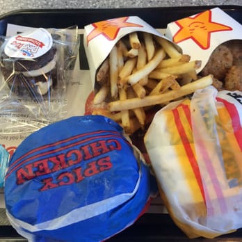Carl's Jr - Spicy chicken sandwich and Santa Fe with fries and zucchini fries. Ding dong for dessert - Burgers Near Me - Coalinga, California
