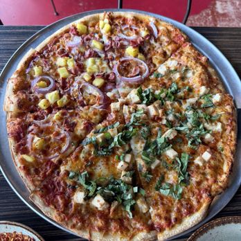 Luna Pizzeria - LARGE half pineapple, Ham & Red onion Half chicken, hot honey drizzle & basil - Pizza Near Me - Houston, Texas Luna Pizzeria - LARGE half pineapple, Ham & Red onion Half chicken, hot honey drizzle & basil - Pizza Near Me - Houston, Texas