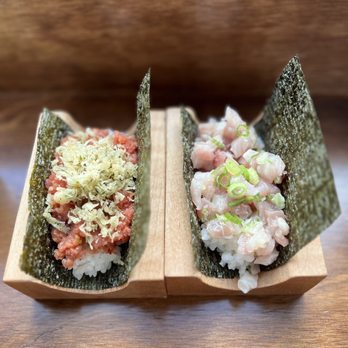 Yonsei Handrolls - Spicy tuna crunch (left) negihanna (right) - Japanese Near Me - Oakland, California Yonsei Handrolls - Spicy tuna crunch (left) negihanna (right) - Japanese Near Me - Oakland, California