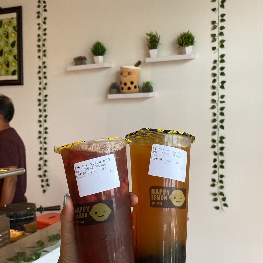 Happy Lemon - strawberry black tea w/ lychee jelly & mango jasmine green tea w/ boba - Bubble Tea Near Me - Redmond, Washington
