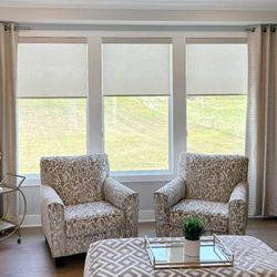 One Stop Decorating Center - Screen shades paired with custom drapes give you amazing lighting options and a stunning, custom look.