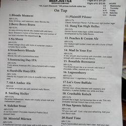 Beer Justice Brewing - Beer menu as of Sept. 2026
