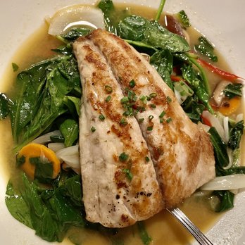 Goin' Coastal - Red Fish over Miso. Fresh spinach, shiitake mushrooms, bok choy, carrots and red pepper braised with miso broth. - Seafood Near Me - Canton, Georgia Goin' Coastal - Red Fish over Miso. Fresh spinach, shiitake mushrooms, bok choy, carrots and red pepper braised with miso broth. - Seafood Near Me - Canton, Georgia