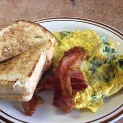 Mullica Hill Amish Restaurant - Spinach and cheese omelette with a side of bacon. Delicious and so filling!!