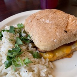 Grilled Cheese Sandwich with Bacon & side of Cilantro Lime Rice, Strawberry Soda. Grilled Cheese Sandwich with Bacon & side of Cilantro Lime Rice, Strawberry Soda.