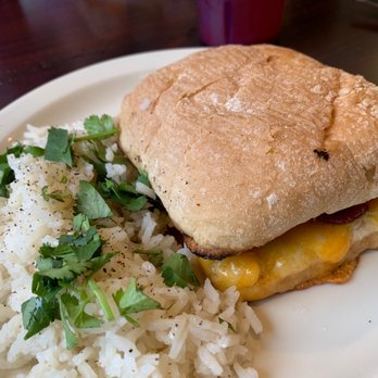 Bayside Bistro - Grilled Cheese Sandwich with Bacon & side of Cilantro Lime Rice, Strawberry Soda. - Comfort Food Near Me - Rock Island, Illinois Bayside Bistro - Grilled Cheese Sandwich with Bacon & side of Cilantro Lime Rice, Strawberry Soda. - Comfort Food Near Me - Rock Island, Illinois