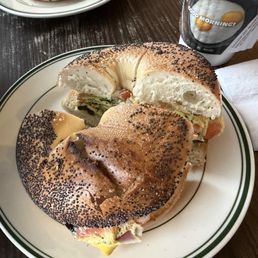 Poppyseed bagel with the Greek omelette