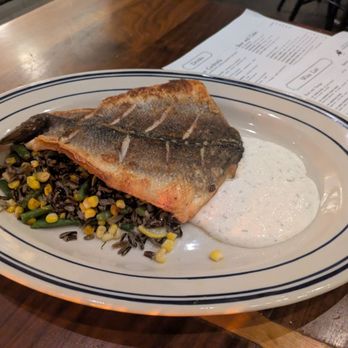 Kindred Fare - Roasted whole Branzino on corn, black rice, beans, squash, and horseradish cream. Terrific. - New American Near Me - Geneva, New York Kindred Fare - Roasted whole Branzino on corn, black rice, beans, squash, and horseradish cream. Terrific. - New American Near Me - Geneva, New York