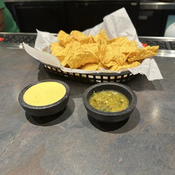 Eldorado Cafe - El Scorpio Salsa (extremely hot), Mera Mera Salsa (very hot so flavorful) and chips. - Mexican Near Me - Austin, Texas