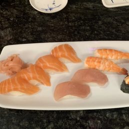 Real wasabi with salmon, albacore, shrimp and lobster nigiri Real wasabi with salmon, albacore, shrimp and lobster nigiri