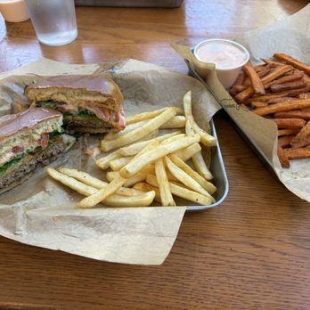 The Oaks - Cheeseburger and fries, extra side of sweet potato fries. - Breakfast & Brunch Near Me - Ogden, Utah