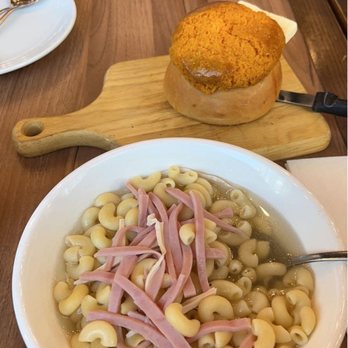 Good Catch Boil House - Shredded imitation abalone and ham with macoroni in soup and pineapple bun $11.99 (includes a coffee or tea) - Cajun/Creole Near Me - Markham, Ontario