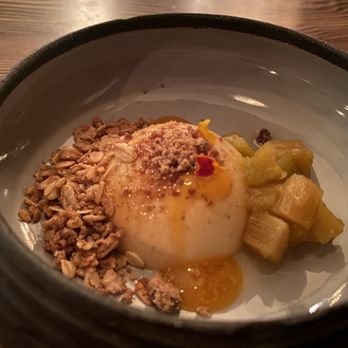 3rd Cousin - Hojicha panna cotta/ rhubarb/ passion fruit purée/ pine nut granola - New American Near Me - San Francisco, California
