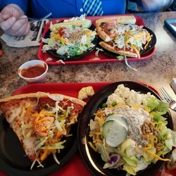 Godfather's Pizza - Cheese Pizza and Taco Pizza. Salad with ranch, cucumbers, sunflower seeds, peas and cheese.