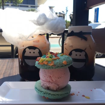 Mini Monster Cafe - Monster cloud, Thai tea in a jar, fruity pebbles macaron sandwich with strawberry ice cream. - Ice Cream & Frozen Yogurt Near Me - Long Beach, California Mini Monster Cafe - Monster cloud, Thai tea in a jar, fruity pebbles macaron sandwich with strawberry ice cream. - Ice Cream & Frozen Yogurt Near Me - Long Beach, California