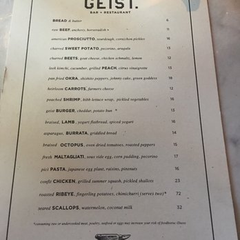 Geist - This is the current menu. It's not up to date online which is kind of annoying. - Cocktail Bars Near Me - Nashville, Tennessee